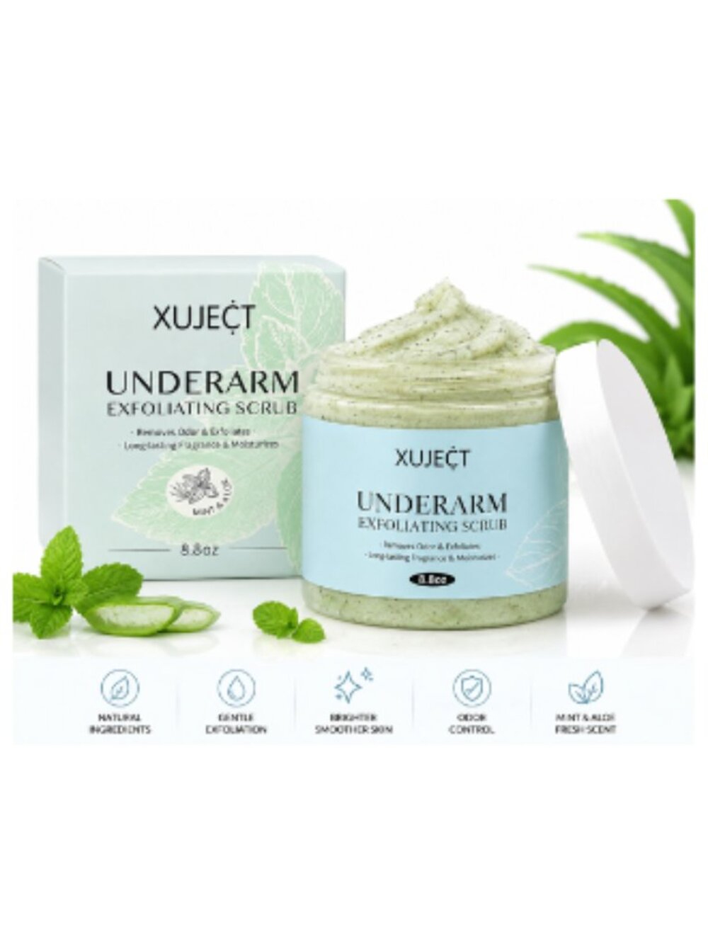 XUJECT Underarm Exfoliating Scrub Mint & Aloe 8.8oz Odor Removal Body Scrub